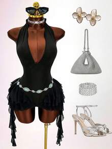 Mistrie Sexy Halter Jumpsuit, Deep V Backless Design, Mesh Ruffle Asymmetrical Hem, Slim Fit Bodycon Style - Black - View 3