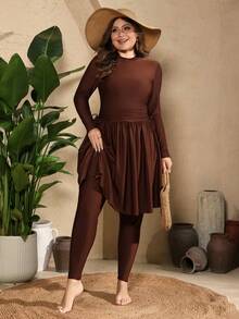 Swim Mulvari Plus Size Solid Color Minimalist Long Sleeve Burkini Set - Brown - View 4