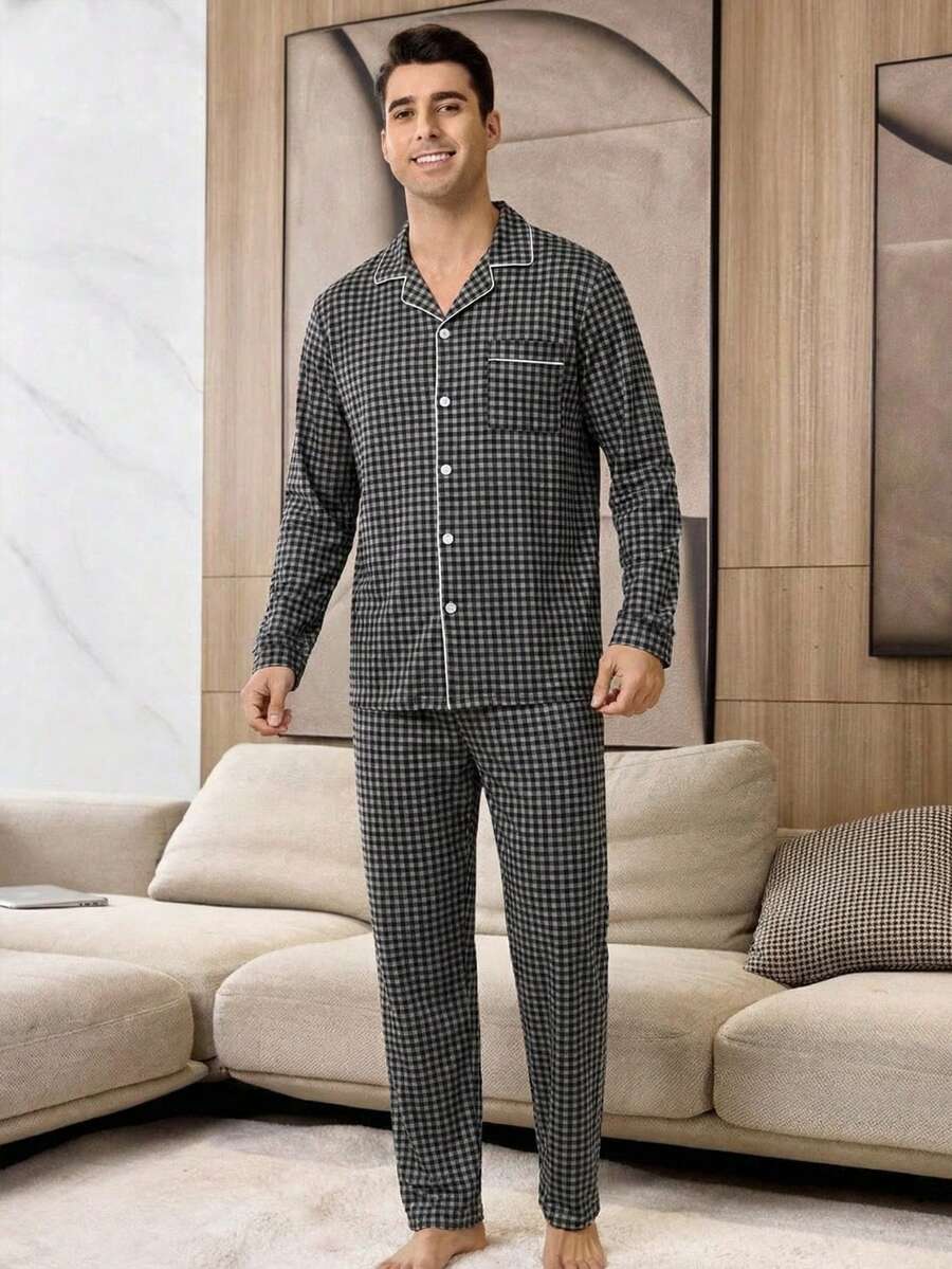 Velminro Men's Plaid Casual Pajama Set, Long Sleeve Top And Pants - Black - View 1