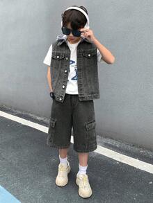 SHEIN 两件套青少年男童时尚休闲Y2K复古酷炫街头基础款简约舒适蓝色牛仔针织连帽无袖背心和舒适宽松牛仔短裤两件套，适合青少年男童日常穿着，也适合儿童春夏派对、节日和街头服饰。 - 黑色 - 查看 4