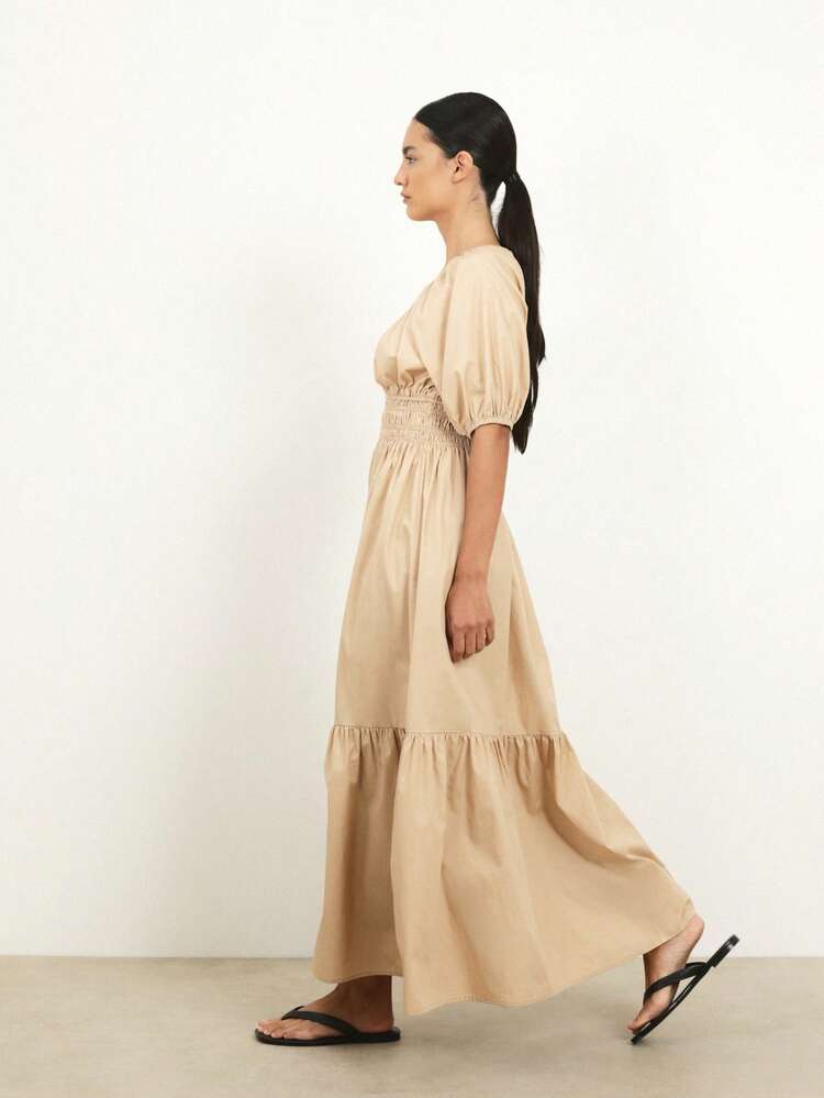 KSTM Women's Ruched V Neck Puff Sleeve Maxi Dress With Smocked Waist And Tiered Hem For Summer Wedding Guest
