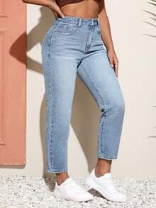Breezaya Quần jean ống côn cạp cao có túi dành cho nữ cỡ lớn, dễ mặc, đa năng - Màu xanh lam - Xem 3