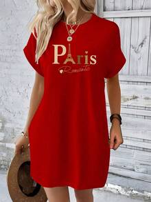 INAWLY English Tower Pattern Round Neck Short Sleeve Women's Dress For New Year Clothes - Red - View 3