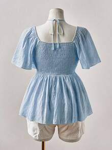 Sweetra Áo kiểu nữ mùa hè thanh lịch, gợi cảm, chất liệu vải dệt họa tiết, xếp ly sâu, tay phồng, dây đeo vai, thắt eo kiểu Boho. - Màu xanh lam - Xem 2