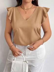 Firerie Plus Size Elegant V-Neck Ruffle Trim Cap Sleeve Red Festive Minimalist Summer Blouse, Suitable For Teachers - Khaki - View 4