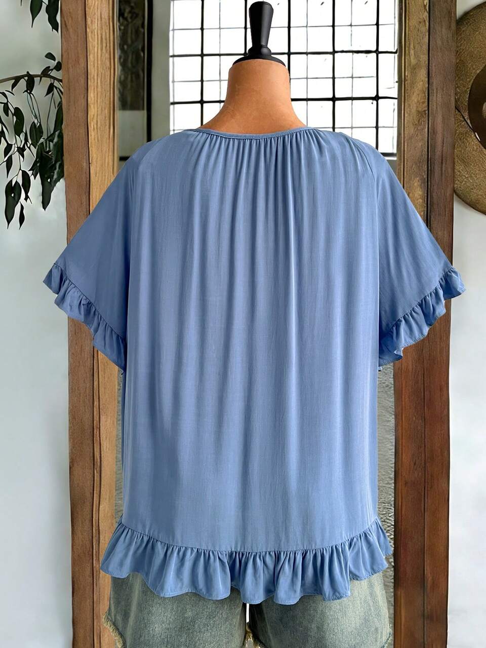 Plus Size Women's Baby Blue Summer Boho Vacation Floral Embroidered Ruffle Sleeve Blouse Top,Country Casual Beach For Mother,Daily Wear