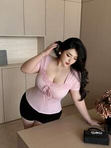 Vibekara Spring, Summer, Fall Bow Elegant Lace Patchwork Crew Neck Short Sleeve T-Shirt, Sexy Casual Top For Dates And Gatherings - Pink - View 3