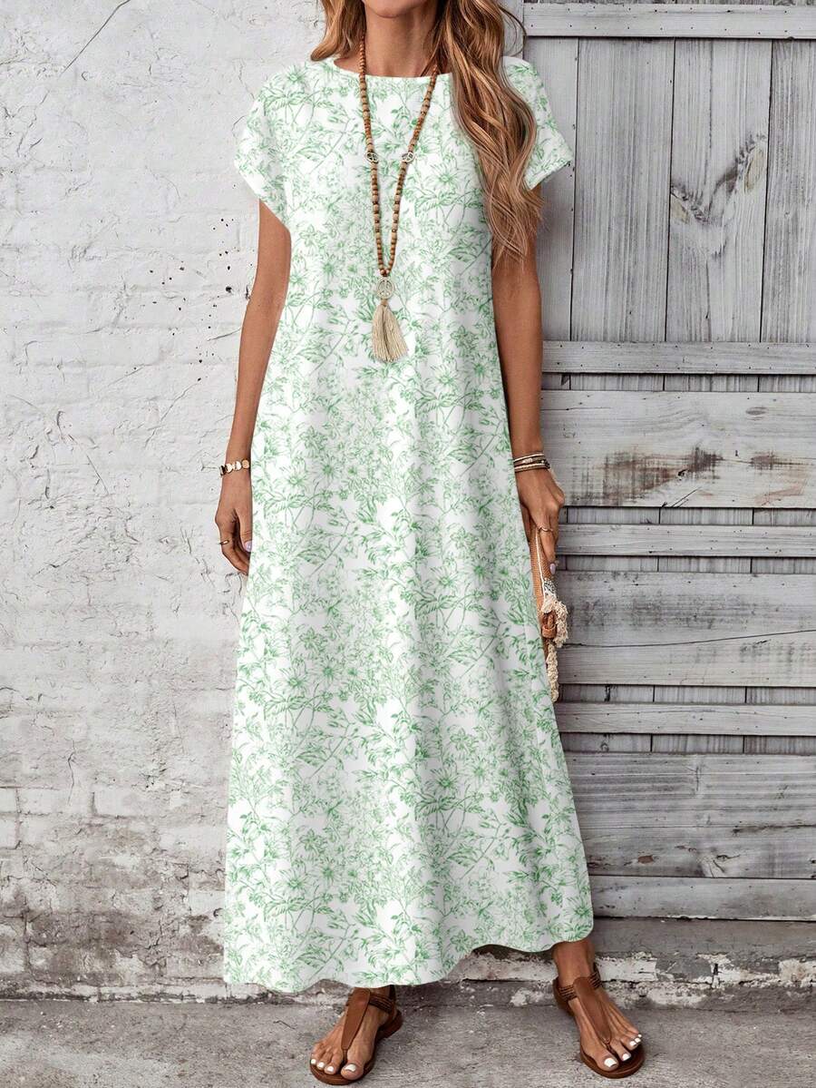 EMERY ROSE Casual Minimalist Versatile Pattern Women's Summer Dress - Green - View 1