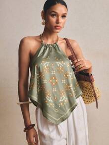 Poéselle Top de mujer sin espalda sin mangas de seda de verano con cadena tipo halter, top vintage de flores tropicales boho verde para fiesta de té, ropa de vacaciones y playa resort - Verde - Ver 2