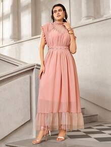 VOLUPTÉ CURVE 大码春夏雪纺连衣裙，高领荷叶袖，高腰珍珠系带拼接长裙，适合派对、度假、约会、生日、早午餐等场合。 - 粉色 - 查看 5