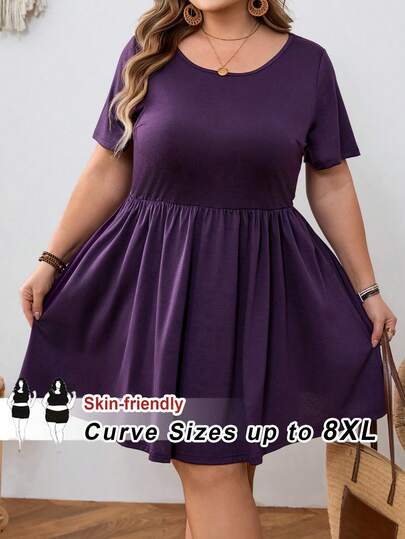SHEIN CURVE+ Plus Size Women Solid Color Short Sleeve Dress