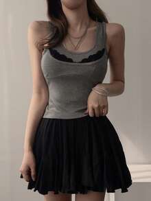 DAZY Women's Contrast Lace Spaghetti Strap Camisole, Fitted Sexy Cami Top - Grey - View 7