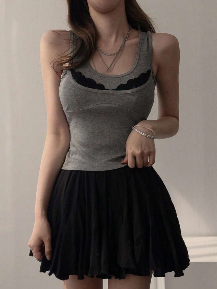 Women's Contrast Lace Spaghetti Strap Camisole, Fitted Sexy Cami Top Summer