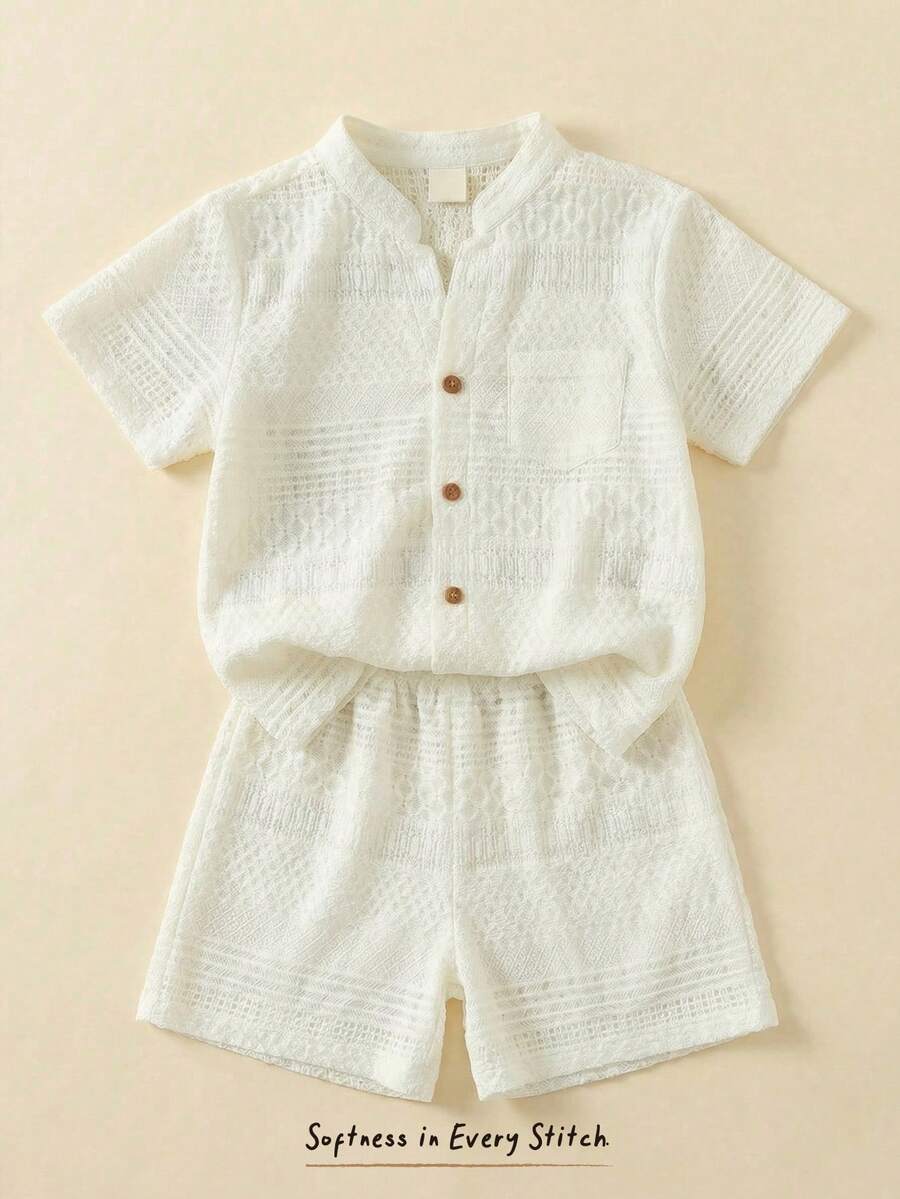 Cozy Pixies 2pcs/Set Young Boy Solid Color Comfortable Round Neck Short Sleeve Cardigan Shirt And Elastic Waist Shorts Summer Two Piece Set For Kids Boys White Beach Shirt Boys Resort Wear - Multicolor - View 1