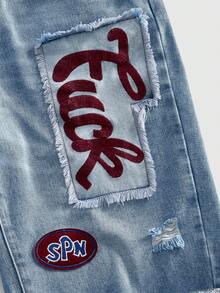 ROMWE MEN Patch Distressed Casual Loose Fit Men's Denim Shorts - Blue - View 4