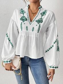 EMERY ROSE Women's Shirred Graphic Print Long Sleeve Button Shirt Peplum Top - Green - View 6