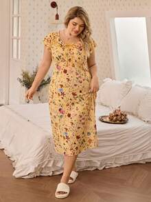 CottageSlumber 大码女式黄色底彩色花卉数码印花圆领双层荷叶边蝴蝶结柔软舒适罗纹针织面料喇叭袖中长连衣裙，休闲乡村风格，可作睡衣穿着 - 黃色 - 查看 7