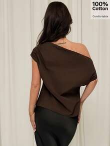 Firerie 女士深咖啡棕色不对称肩部衬衫，舒适上衣，度假上衣，休闲度假衬衫，春夏服装，优雅，通勤，工作装，返校，度假，波西米亚风，海滩，正式场合，舒适，复古，上衣，通勤装 - 咖啡棕 - 查看 2