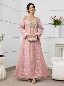Al Najma 女士提花拼接优雅奢华阿拉伯传统长裙，2026新款穆斯林婚礼宾客礼服，最新款女士长袍，阿拉伯风格女士礼服，正式场合女士礼服，端庄优雅 - 粉色 - 查看 4