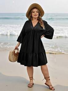 SHEIN CURVE+ Curve 尺码 US22 音乐节、海滨度假、波西米亚风女士休闲宽松舒适短袖杏色连衣裙，轻盈面料，春夏必备连衣裙，新款上市 - 黑色 - 查看 5