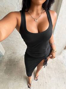 Rustia Plus Size Casual Vacation Round Neck Drawstring Split Hem Dress - Black - View 6