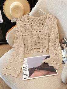 Franclia New Solid Color Hollow Crochet Lace Lightweight Cardigan, Versatile Outerwear For Women - Khaki - View 8