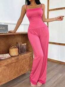 SweetSlumber Lace Patchwork Camisole And Pants Women Pajama Set - Hot Pink - View 5