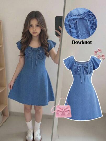 SHEIN Tween Girls Fashion Casual Y2k Vintage Cool Street Loose And ComFor Besttable Bow Design Blue Denim Dress For Best Tween Girl Clothes Tween Girls Dailywear And Tween Girl Spring To Summer Rave Outfits Festival And Outfits Streetwear Clothes New SS26 Fashion