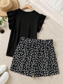 SHEIN LUNE Bộ đồ đôi cỡ lớn, màu trơn, tay bồng và quần short họa tiết hoa nhí, thích hợp cho nữ đi nghỉ mát, trang phục mùa xuân cho nữ, trang phục mùa hè cho thiếu nữ, trang phục mùa hè cho nữ, trang phục mùa hè cho nữ, trang phục mùa hè cho nữ, bộ trang phục cho nữ. - Nhiều màu - Xem 2