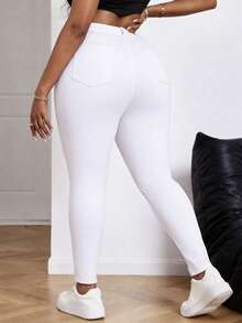 SHEIN PETITE CURVE Summer Plus Size PETITE CURVE Women's White Silky Smart Casual Everyday High Waisted Distressed Ripped Frayed Slim Fit Skinny Jeans Denim Pants - White - View 2