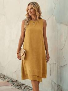 EMERY ROSE 女士休闲无袖圆领A字连衣裙，夏季芥末黄连衣裙，夏季休闲连衣裙，卡其色连衣裙，女士休闲中长连衣裙，夏季连衣裙，亚麻连衣裙，度假装，Zanzea连衣裙，女士休闲连衣裙，无袖夏季连衣裙，夏季女士休闲连衣裙 - 黃色 - 查看 6