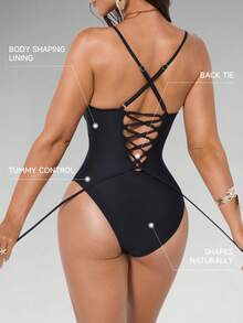 Shapewave 1pc Women's Black Elegant Summer One-Piece Swimsuit,Full Coverage Tummy Control Bathing Suit,Beach Party Holiday Holiday Bodysuit Swimwear Outfit - Black - View 2