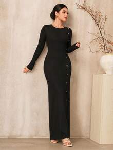 Graceveil Damen Einfarbiges Kleid mit rundem Ausschnitt, Langarm, Knopfdesign, elegantes Kleid, Knopfkleid, Langarmkleid, Bodycon-Kleid, Rippstrickkleid, Damen Maxikleid - Schwarz - Übersicht 3