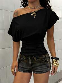 StreetHx Women's Spring/Autumn Asymmetrical Shoulder Short Sleeve Fitted White T-Shirt - Black - View 3