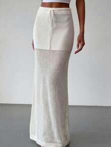 INAWLY Women's Vacation Knit Hollow-Out Mini Skirt - Beige - View 4