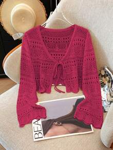 Franclia New Solid Color Hollow Crochet Lace Lightweight Cardigan, Versatile Outerwear For Women - Hot Pink - View 5