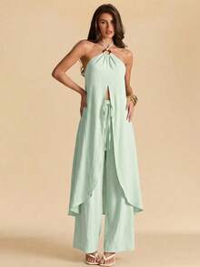 SHEIN BAE Set casual da donna per vacanze, composto da top verde con decorazione in resina a cerchio e pantaloni lunghi ampi, adatto per vacanze casual, spiaggia, uso quotidiano, pendolarismo, vacanze, spiaggia, set comodo, completo verde - Verde - Visualizzare 4