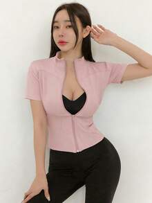 DAZY Women's Solid Color Elastic Mock Neck Fitted Long Sleeve Jacket, Casual Sports, Spring/Autumn Summer - Pink - View 4