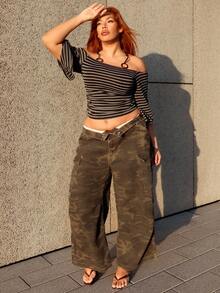 MelDlgn 迷彩印花宽松阔腿长款休闲牛仔裤，街头风格，四季皆宜 - 軍綠色 - 查看 6