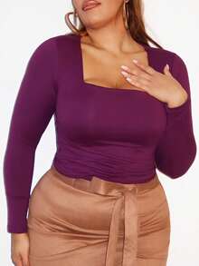 MelDlgn Plus Size Women Square Neck Long Sleeve Fitted T-Shirt, Autumn Fall Cloth For Women - Burgundy - View 3