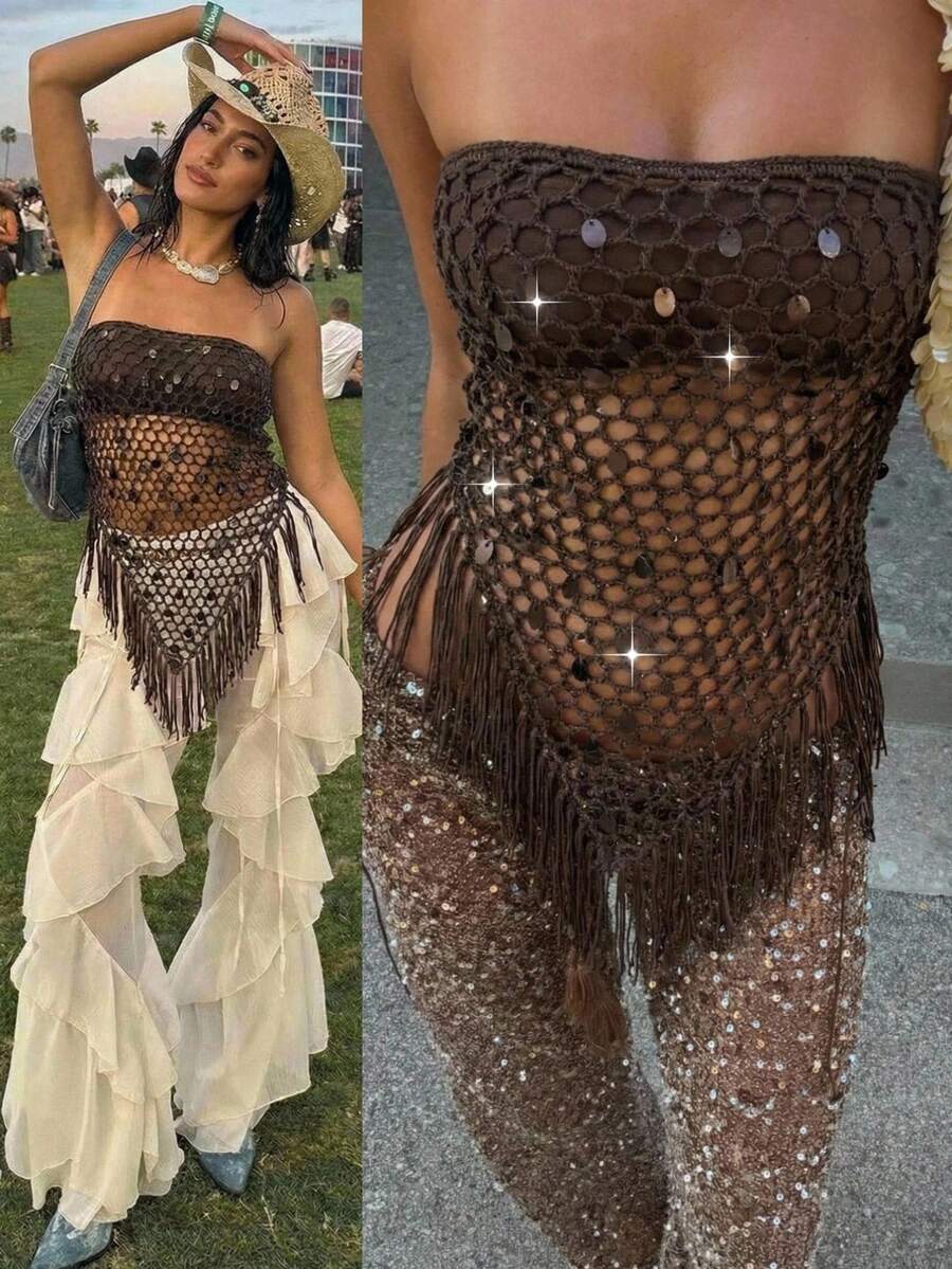 Aloruh Áo choàng ống móc len màu nâu trơn mới dành cho nữ, trang trí đính sequin và tua rua, kiểu dáng thanh lịch, thích hợp cho tiệc tùng, phong cách bohemian, kỳ nghỉ biển, du lịch biển dành cho nữ.