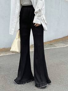 FRIFUL 女士弹力腰荷叶边下摆休闲喇叭裤 - 黑色 - 查看 4