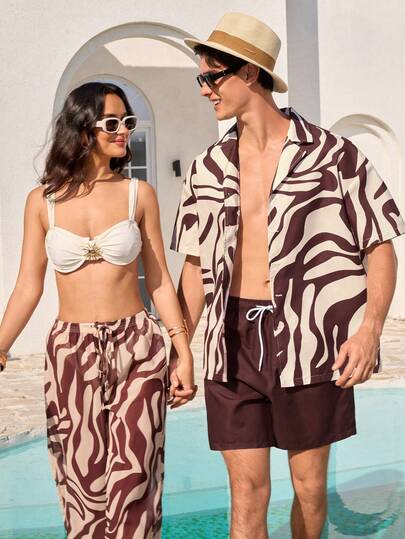 Manfinity VDAYZ Men's Drop Shoulder Short Sleeve Button Front Loose Casual Colorblock Beach Outfit Matching Couple Outfit Couple Beachwear Couple Bathing Suit Set Men And Women Matching Outfit Vacation Couples Beach Wear