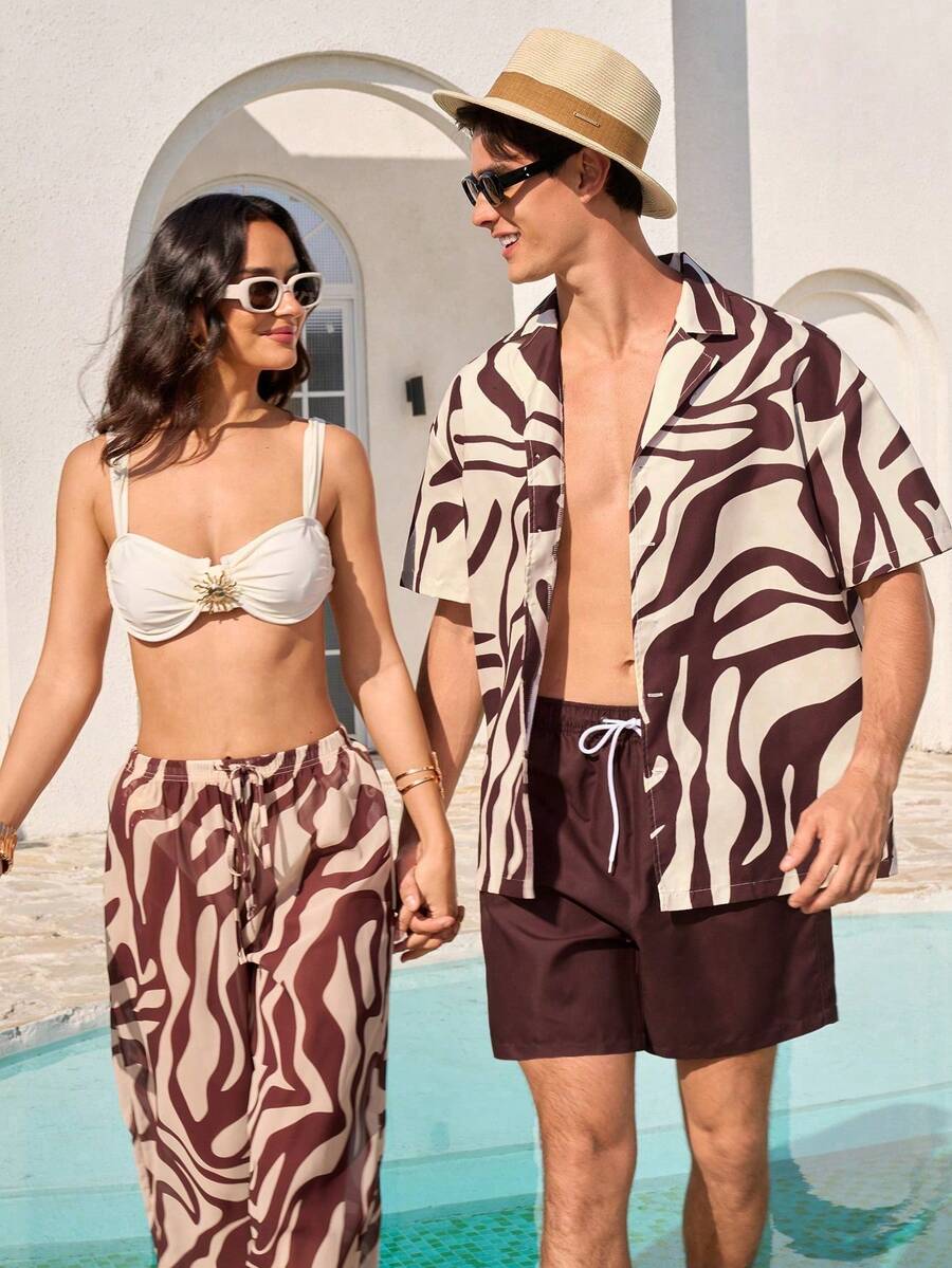 Manfinity VDAYZ Men's Drop Shoulder Short Sleeve Button Front Teal And Brown Colorblock Beach Outfit,Summer Casual Holiday Matching Couple Bathing Suit Set - Coffee Brown - View 1