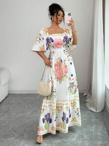 Elenzga Summer Refreshing Large Floral Print Dress, Square Neck Short Sleeve Waist Cinching Ankle Length Dress - Multicolor - View 1