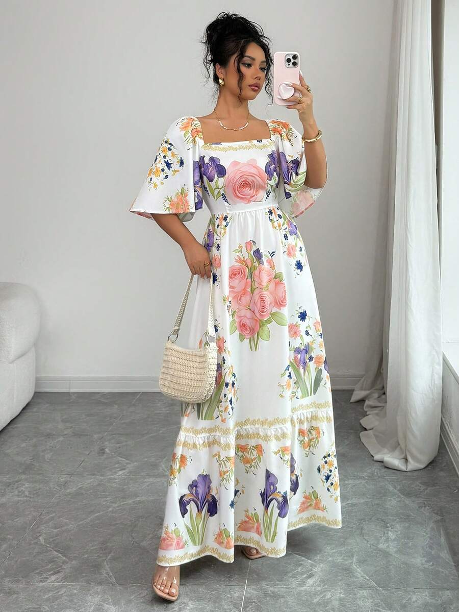 Elenzga Summer Refreshing Large Floral Print Dress, Square Neck Short Sleeve Waist Cinching Ankle Length Dress - Multicolor - View 1