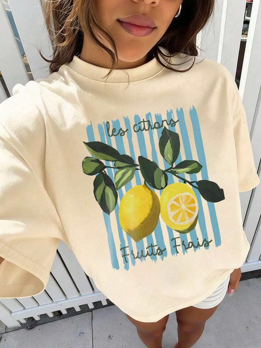 SHEIN LUNE 春夏圆领短袖T恤，饰有标语和柠檬图案 - 杏色 - 查看 1