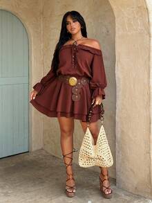 Rustia 大码纯色露肩前系带长袖休闲度假优雅连衣裙，春夏棕色西部连衣裙，巧克力棕色连衣裙，棕色连衣裙，波西米亚西部女装，咖啡棕色连衣裙，女式连衣裙，女士西部服装，女装连衣裙，女士夏季服装，波西米亚女装，波西米亚曲线度假服装，女士大码西部连衣裙，女士大码牛仔连衣裙，新款女士连衣裙，女士休闲连衣裙，女士露肩连衣裙，波西米亚连衣裙 - 棕色 - 查看 5