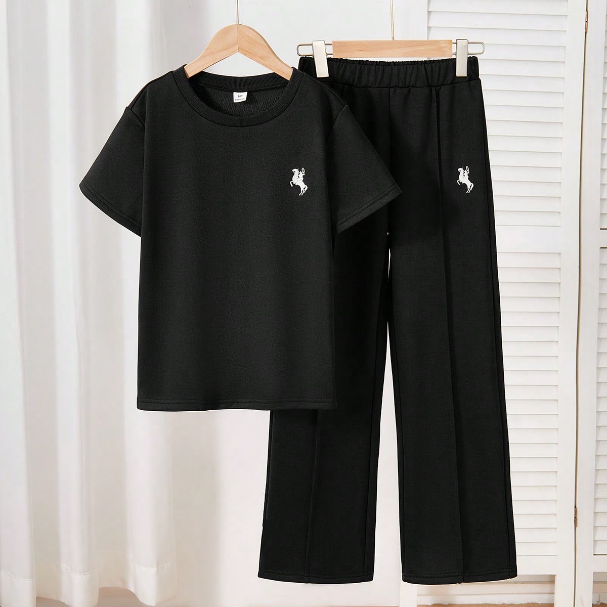 Piezas Conjunto deportivo informal para niñas preadolescentes, blusa de manga corta holgada con bordado + pantalón largo, versátil para uso diario,