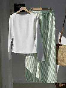 Conjunto de 2 piezas de : camiseta de manga corta con cuello redondo y pantalones cortos estampados casuales, color marrón vintage con cordón ajustable - Verde - Ver 11